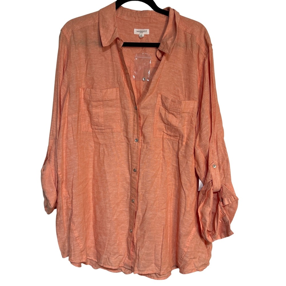 Westbound Woman Coral Orange Linen Blend Roll Tab Button Down Shirt Plus Size 3X